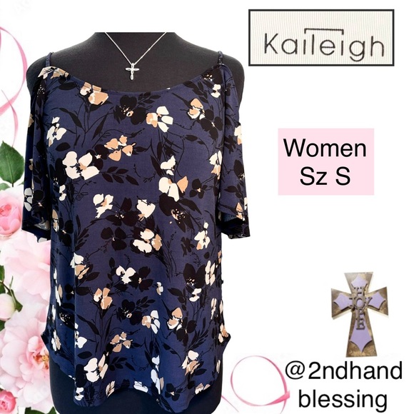 Kaileigh Navy Off Shoulder Floral Top, Women Sz S, Back Criss Cross Design - Picture 1 of 11